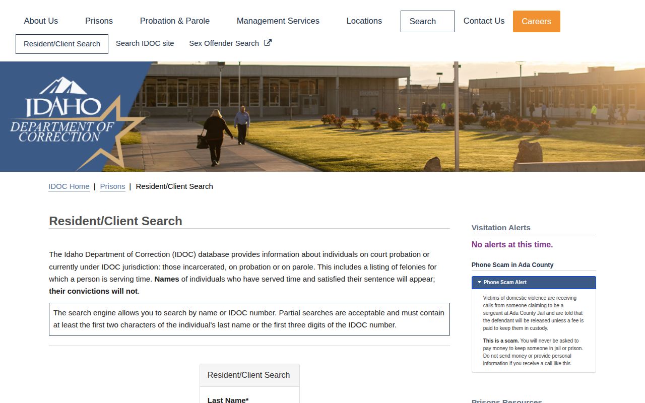 Idaho Department of Correction resident search for Elmore County custody records