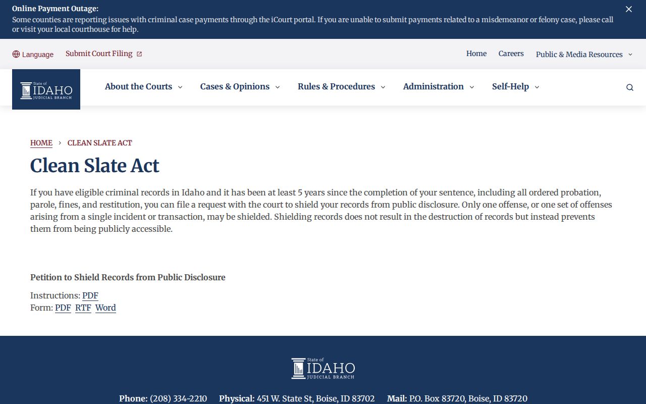 Idaho Clean Slate court shielding guidance related to Elmore County case records